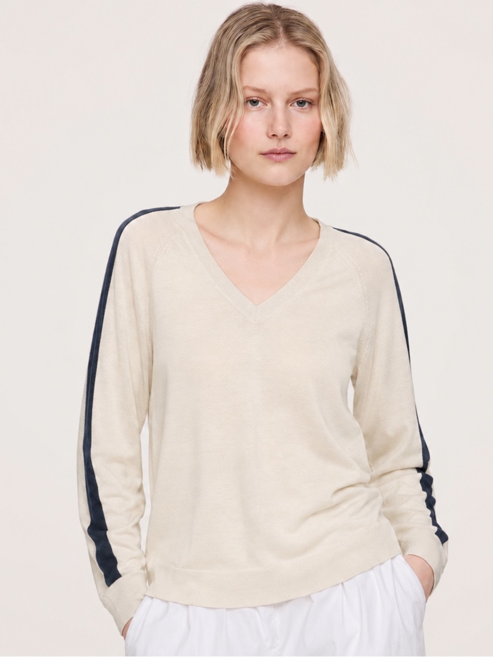 Banana Republic Extra Fine Merino Women's Cream V-Neck Sweater with Navy Stripe